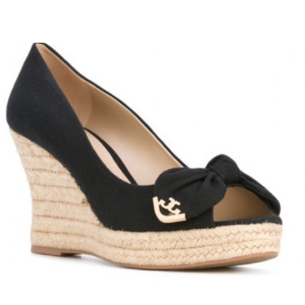 TORY BURCH Dory Peep Toe Wedge Espadrille canvas Sandal Black